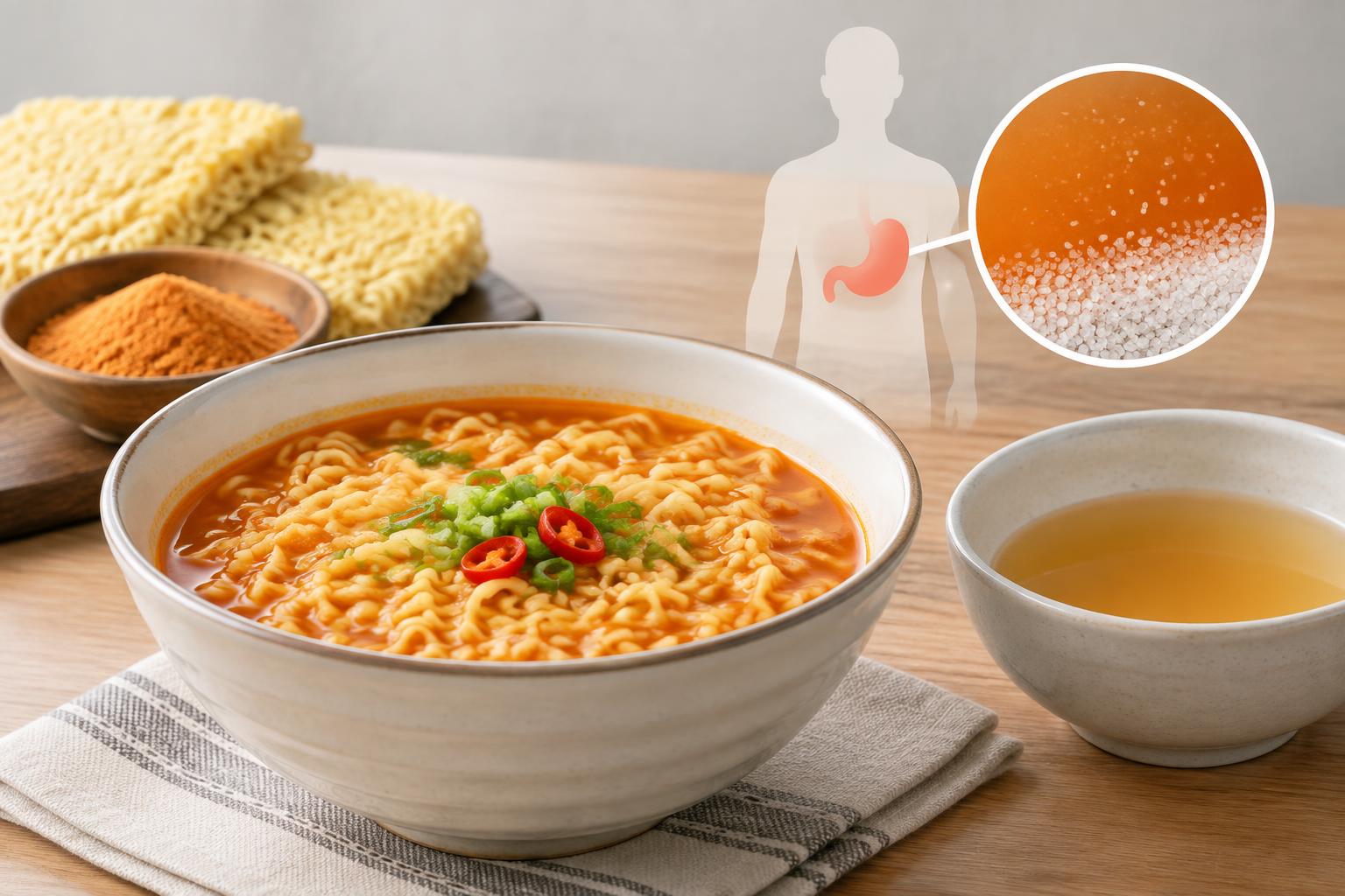 라면과 국물, 건면이 놓여 있는 모습. 옆에는 인체 모형과 나트륨 결정이 보인다.