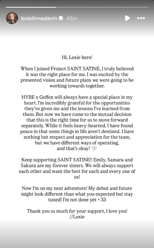 Lexie透過Instagram Story向粉絲表達感謝並說明決定。
