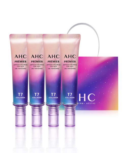 AHC 프리미어 앰플 아이크림 4개와 쇼핑백이 흰색 배경에 놓여 있습니다.