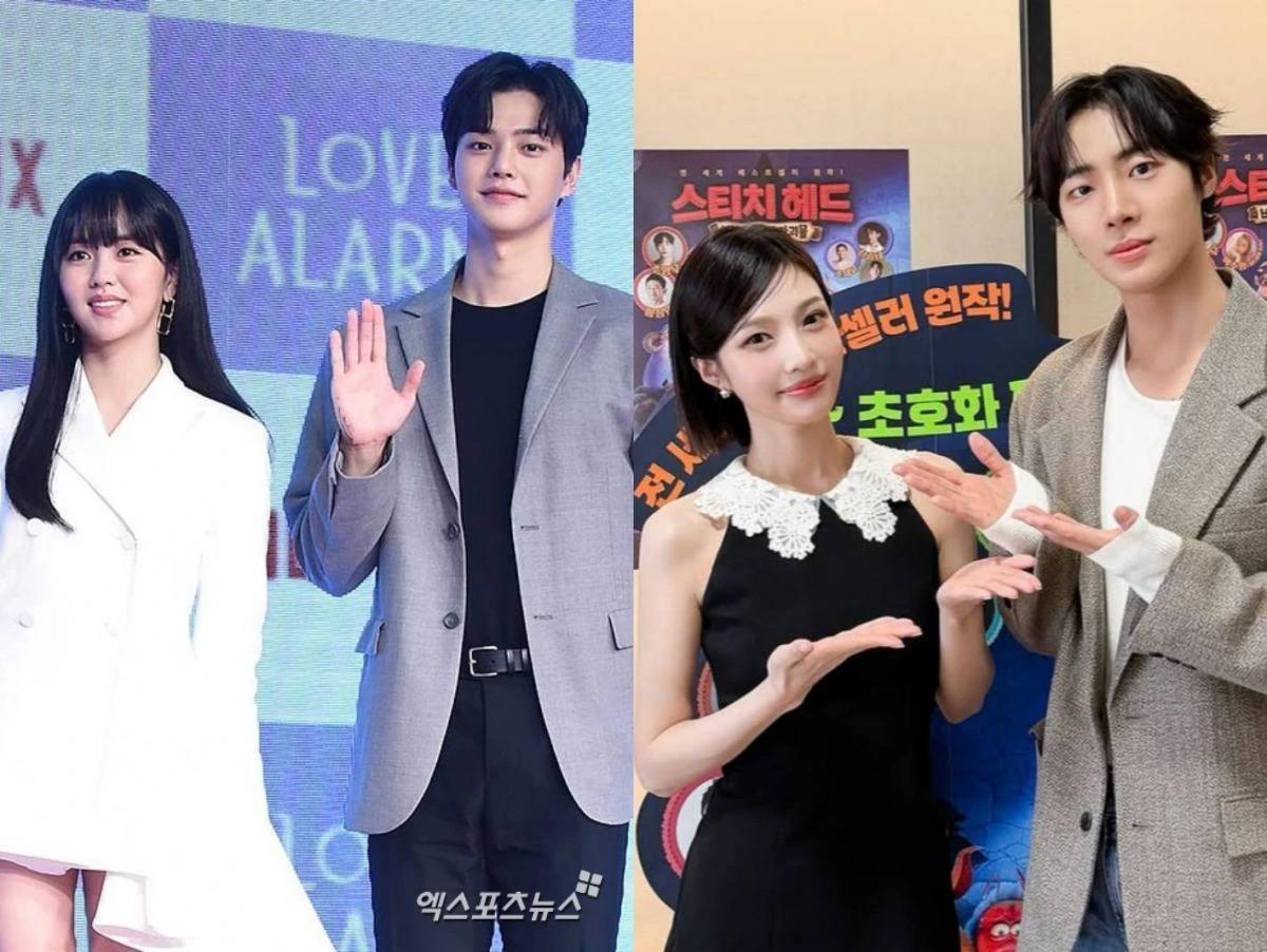 두 쌍의 배우들이 나란히 서 있는 모습.